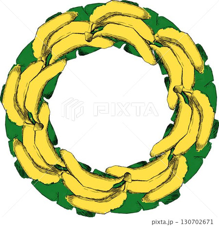 Summer fruit yellow banana round circle frame composition. Banana graphic illustration. Vector illustration 130702671