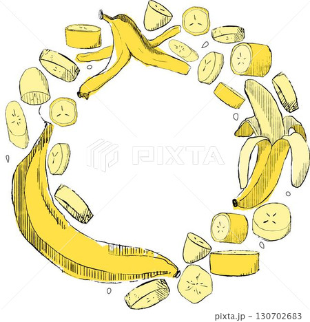 circle frame with banana full and slices. Graphic vector illustration on a white background. For printing on fabric, for decorating kitchens, dishes, recipes. circle frame with banana full and slices. Graphic vector illustration on a white background. For printing on fabric, for decorating kitchens, dishes, recipes. 130702683