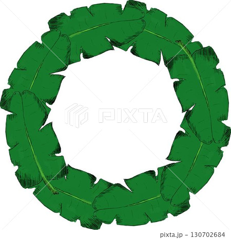 Background vector round circle frame with stylized graphic banana palm leaves. Image of tropical foliage and plants. 130702684
