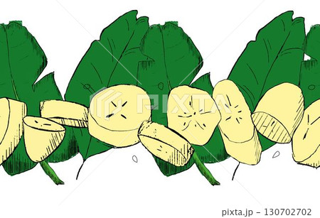 Pieces of banana with green leaves graphic vector seamless border, pattern 130702702