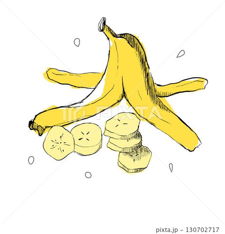 Banana graphic composition vector with banana skin and slices for serving vector illustration 130702717