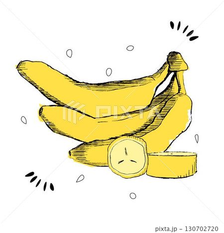Vector logo for Banana, decorative horizontal poster with outline illustration of 3 whole and sliced bananas composition,graphic design fruity print with chopped banana parts on white background Vector logo for Banana, decorative horizontal poster with outline illustration of 3 whole and sliced bananas composition,graphic design fruity print with chopped banana parts on white background 130702720