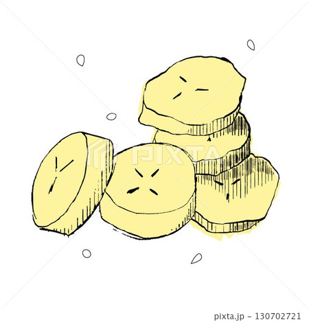 Graphic drawing of chopped banana fruit. Vector Banana slices on white background 130702721