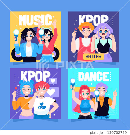 Cartoon Illustrations of Kpop Culture Enthusiasts Square Card Set 130702739