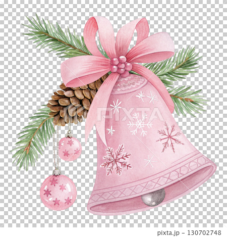 Watercolor painting of two pink Christmas bells with delicate floral Watercolor painting of two pink Christmas bells with delicate floral 130702748