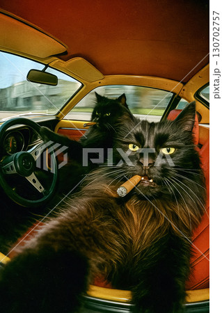 Two black  gangster cats sit in the front seats with a cigar in mouth and driving a car. Analog-style selfie photograph taken inside a 1970s style supercar. 130702757