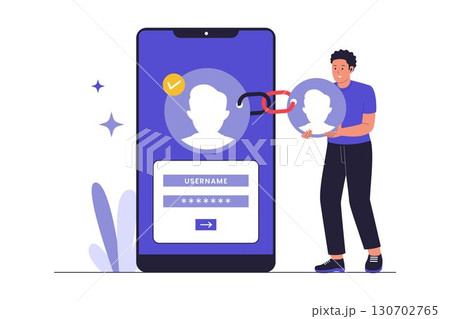 Flat Design Illustration of Link Connected Accounts and Digital Profile Integration 130702765