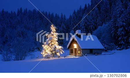 Cozy Winter Night with Illuminated Christmas Tree and Snow Covered Cabin in Forest 130702806