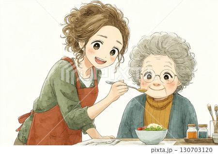 美優シリーズ：美優が高齢者と向かい合って食事介助をしているシーン 130703120