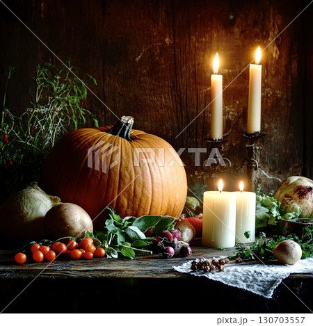 Pumpkins and candles harvest autumn rustic seasonal cozy lifestyle decor 130703557