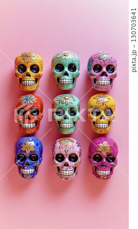 Colorful sugar skulls pink background vibrant Mexican holiday decor 130703641