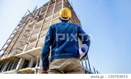 Construction worker overseeing project with helmet view 130703653