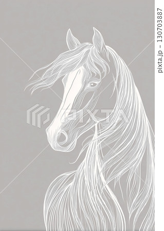 繊細な白線で描かれた馬のイラスト｜優雅なシルエットが映えるモノトーンアート　年賀 130703887