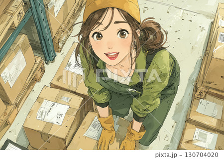 美優シリーズ：倉庫で仕分けをする美優の絵本調イラスト 130704020