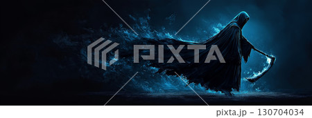 Grim Reaper in motion, billowing black cloak and glowing scythe trailing light behind him 130704034