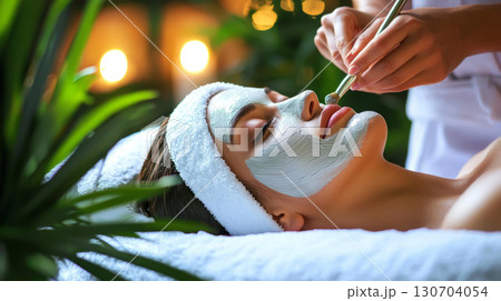 Serene woman lying on a plush spa bed while a professional beautician applies a soothing white clay mask 130704054