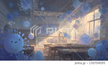 adorable virus and germ characters filing a sunlit classroom, blending microbiology with fantasy 130704095