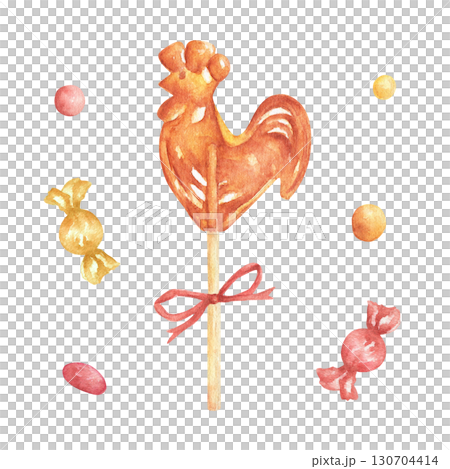 Sugar Lollipop Cockerel on a Stick. Watercolor illustrations of caramel lollipops, candies, and dragees. Traditional sweets. Vintage-style print for clothing, souvenirs, and holiday cards. 130704414