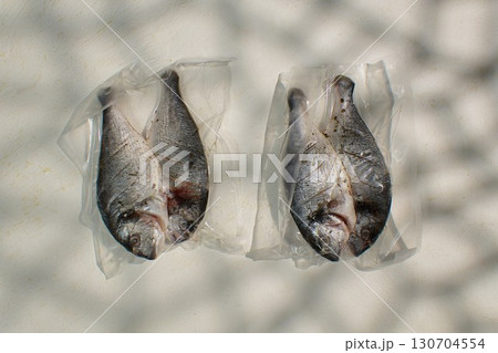 Raw dorado fish are placed on transparent packaging, showcasing their silver skin and fresh appearance. 130704554