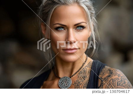 Viking woman wearing celtic medallion and showing tattoos Viking woman wearing celtic medallion and showing tattoos 130704617