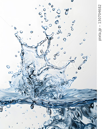 Water flow with splashes. Illustration of transparent sparkling liquid. Background for design 130704682