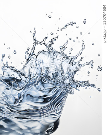 Water flow with splashes. Illustration of transparent sparkling liquid. Background for design 130704684