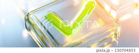 Minimalist abstract glowing green checkmark in transparent panel floating in white space. Survey research answer checklist Minimalist abstract glowing green checkmark in transparent panel floating in white space. Survey research answer checklist 130704853
