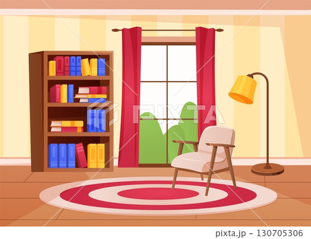 Home interior. Cozy living room decor. Armchair and circle carpet. Apartment furniture. Comfortable sofa. Books cabinet. Window curtain. Floor lamp light. Wooden cupboard. Vector empty house inside 130705306