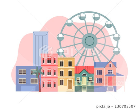 Cityscape. Urban landscape. Different colorful buildings and homes. Skyscraper and Ferris wheel in amusement park. Architectural minimal panorama, vector cartoon flat isolated modern illustration 130705307
