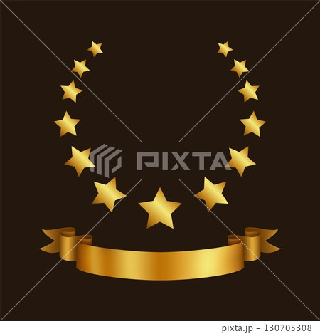 Golden star frame. Gold ribbon. Wreath and empty flag, winner prize, certificate design, premium quality emblem. Realistic award gift. Card or poster template, logotype. Vector isolated illustration 130705308