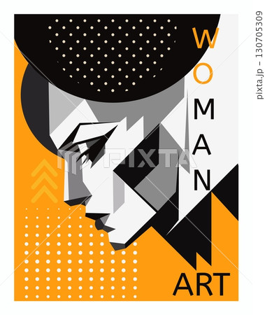Art Bauhaus poster. Woman portrait abstract design. Creative female profile face. Geometric flat shape. Flat silhouette head. Minimalist dotted collage. Exhibition brochure. Vector trendy graphic card 130705309