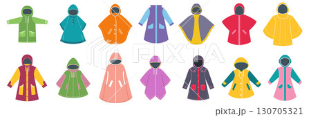 Raincoat icons set. Waterproof clothes logo. Hooded rainwear design. Outerwear fashion element. Autumn spring symbols. Vector protection from rain and wind, cartoon flat style isolated illustration 130705321