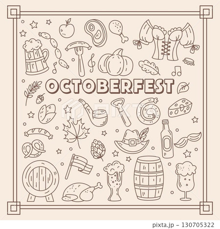 Oktoberfest cartoon card. Hand drawn Bavarian festival. Beer party in Munich. Traditional German menu. Doodle line illustration. Ale holiday. Drink pint glass with snack. Vector fair tidy background 130705322