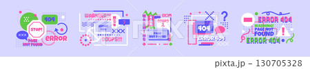 404 sign. Error icon. Computer warning symbols. Cartoon Memphis text message. Caution exclamation mark. Digital geometry comic in windows. Not fount page. Vector garish website failure banners set 130705328