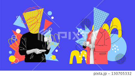 Coffee key visual. Halftone collage with comic doodle geometric element. Modern graphic design. Retro dot idea concept. Trendy magazine. Abstract man with drink cup. Vector contemporary garish poster Coffee key visual. Halftone collage with comic doodle geometric element. Modern graphic design. Retro dot idea concept. Trendy magazine. Abstract man with drink cup. Vector contemporary garish poster 130705332