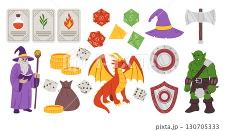 Dice in fantasy game. Fairytale RPG board with figures. Wizard with money coins bag. Dragon and orc warrior. Armor weapon. Magic playing card. Adventure world. Fairy gamble. Vector cartoon garish set Dice in fantasy game. Fairytale RPG board with figures. Wizard with money coins bag. Dragon and orc warrior. Armor weapon. Magic playing card. Adventure world. Fairy gamble. Vector cartoon garish set 130705333