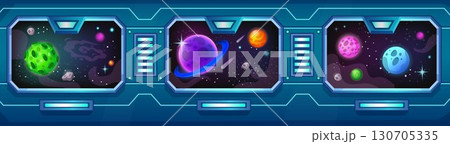 Space ship interior. Background with futuristic starship window view. Planet and stars. Galaxy discovery shuttle. Universe seen from cabin. Rocket cockpit inside. Game world explore. Vector tidy scene 130705335