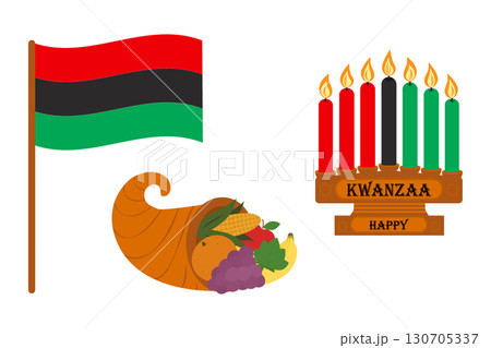 Pan African Flag Cornucopia with fruits Candlestick with Candles and Happy Kwanzaa Lettering Bundle 130705337