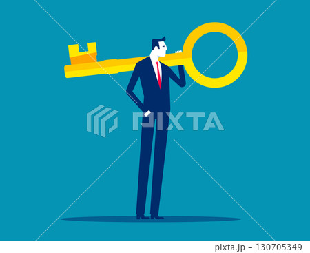 Businessman holding giant key on shoulder Businessman holding giant key on shoulder 130705349