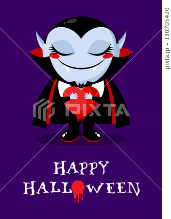 Halloween greeting card with cute cartoon Dracula vampire holding bloody heart. Vector illustration Halloween greeting card with cute cartoon Dracula vampire holding bloody heart. Vector illustration 130705420