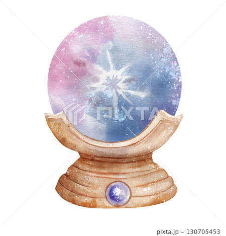 Watercolor illustration of a mystical crystal ball on a wooden stand with cosmic galaxy pattern. Perfect for fortune telling, magic, witchcraft, boho design and Halloween decor. Watercolor illustration of a mystical crystal ball on a wooden stand with cosmic galaxy pattern. Perfect for fortune telling, magic, witchcraft, boho design and Halloween decor. 130705453