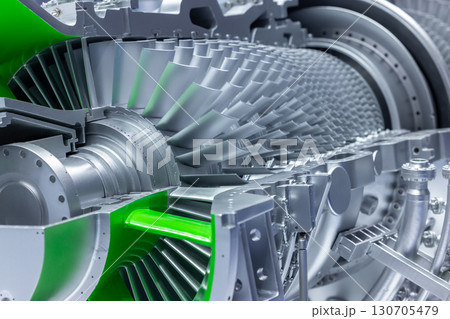Gas turbine engine with turbine blades, Industrial gas turbine engine, Steel blades of turbine propeller industrial additive technology, 130705479