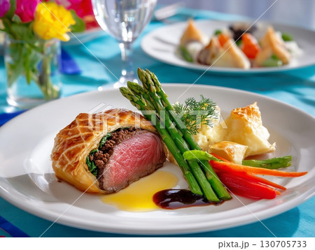 Exquisite Beef Wellington  Golden Puff Pastry with Truffle Duxelles & Prosciutto in Fine Dining Style	 130705733