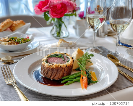 Exquisite Beef Wellington The Golden Puff Pastry with Truffle Duxelles & Prosciutto in Fine Dining Style	 130705734