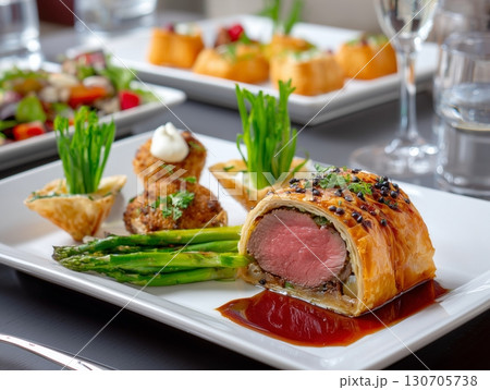 Exquisite Beef Wellington  Golden Puff Pastry with Truffle Duxelles & Prosciutto in Fine Dining Style	 130705738