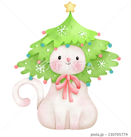 Christmas themed hand drawn watercolor cat cartoon Christmas themed hand drawn watercolor cat cartoon 130705774