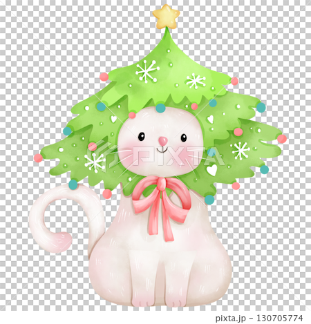 Christmas themed hand drawn watercolor cat cartoon Christmas themed hand drawn watercolor cat cartoon 130705774