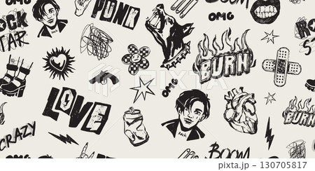 Rock music seamless pattern, grunge punk scribble background, hand drawn vector urban doodle texture Rock music seamless pattern, grunge punk scribble background, hand drawn vector urban doodle texture 130705817