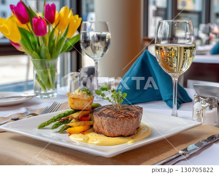 Exquisite Steak Fine Dining  Juicy Cut with Gourmet Garnish in Elegant Restaurant	 Exquisite Steak Fine Dining  Juicy Cut with Gourmet Garnish in Elegant Restaurant	 130705822