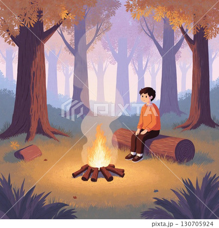 キャンプで焚き火をする女性 キャンプで焚き火をする女性 130705924